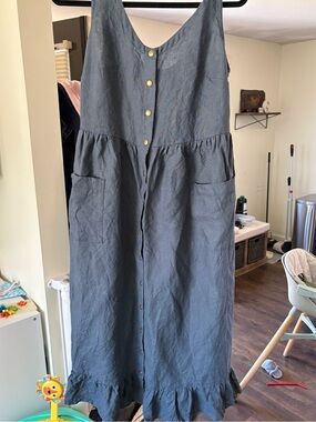 notPERFECTLINEN Slate Blue Button-Front Linen Maxi Dress